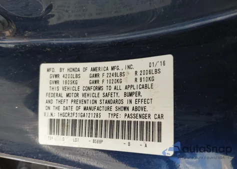2016 Honda Accord Lx z USA, uszkodzony, nr VIN 1HGCR2F31GA121285